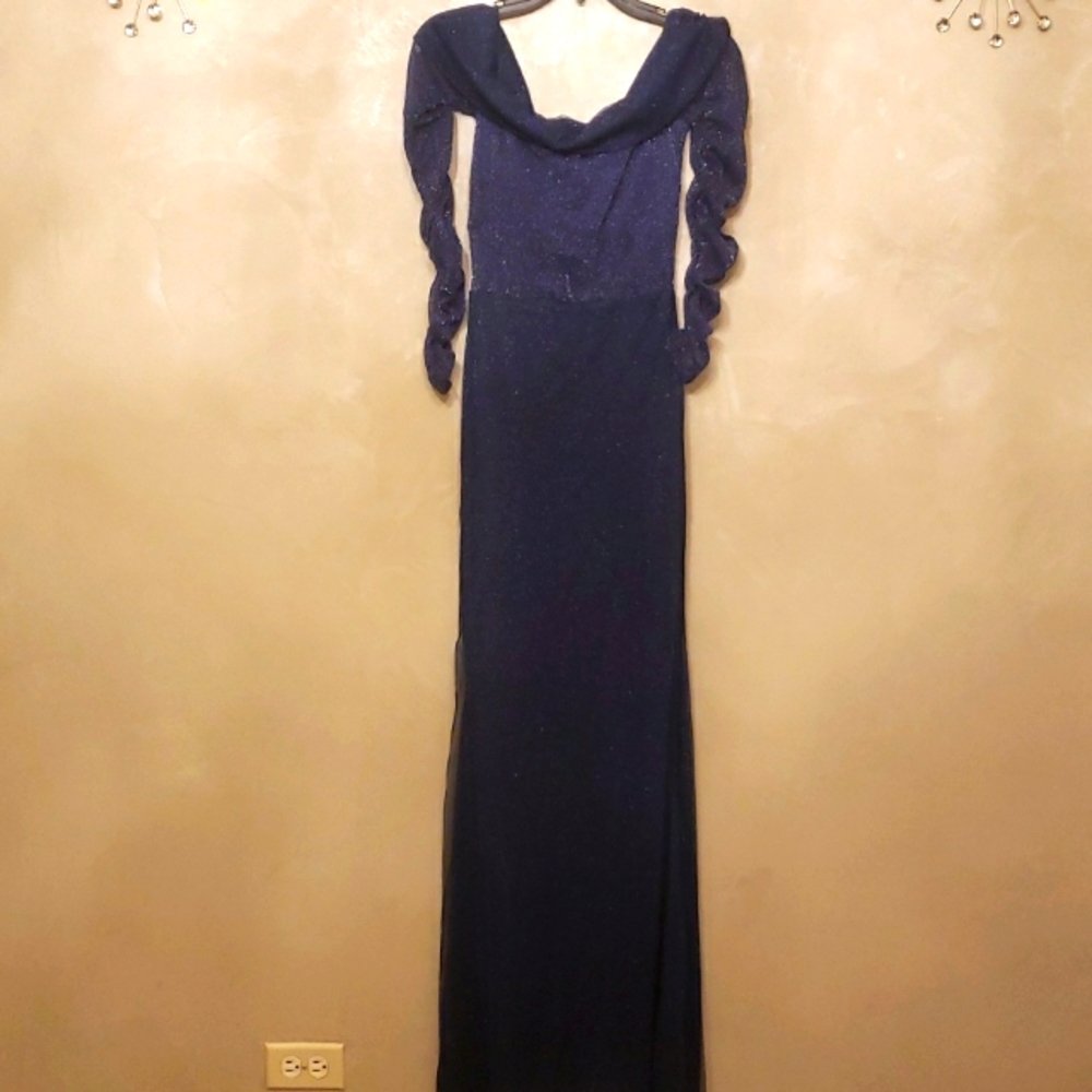 Dark navy blue off the shoulder  evening gown.